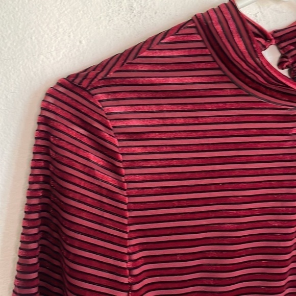 LULUS TICKET TO CHIC BURGUNDY STRIPED BELVET BALLOON SLEEVE DRESS - Picture 4 of 7